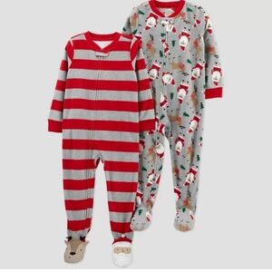 NWT Carter's Set of 2 Striped Santa Fleece Footed Pajamas, Holiday Christmas